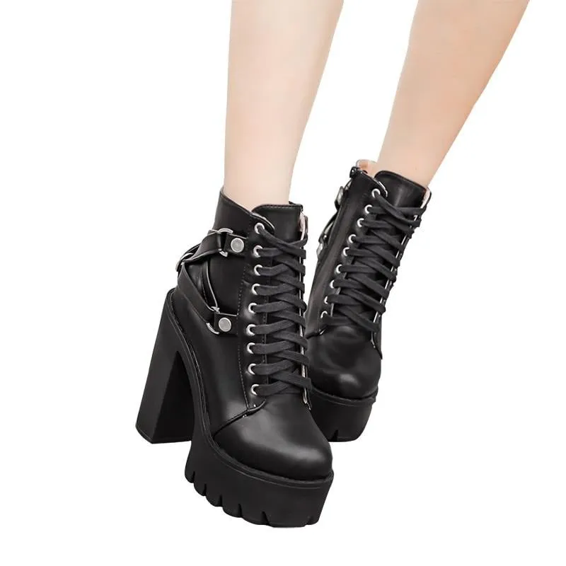 Women Gothic Black Boots Lace-up Platform Ankle High Heels Punk Irregular Choice Boots