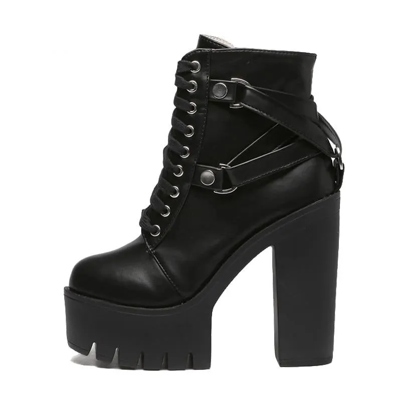 Boots Combat Women Gothic Black Boots Lace-up Platform Ankle High Heels Punk