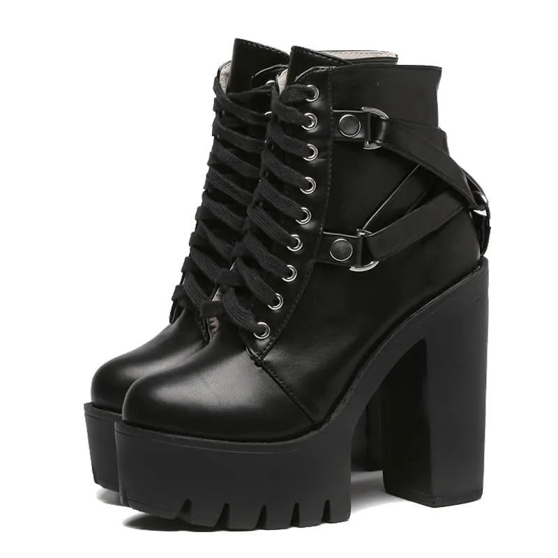 Fish Skin Boots Women Gothic Black Boots Lace-up Platform Ankle High Heels Punk