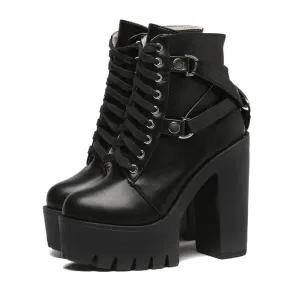 Vintage Lace Up Boots Women Gothic Black Boots Lace-up Platform Ankle High Heels Punk