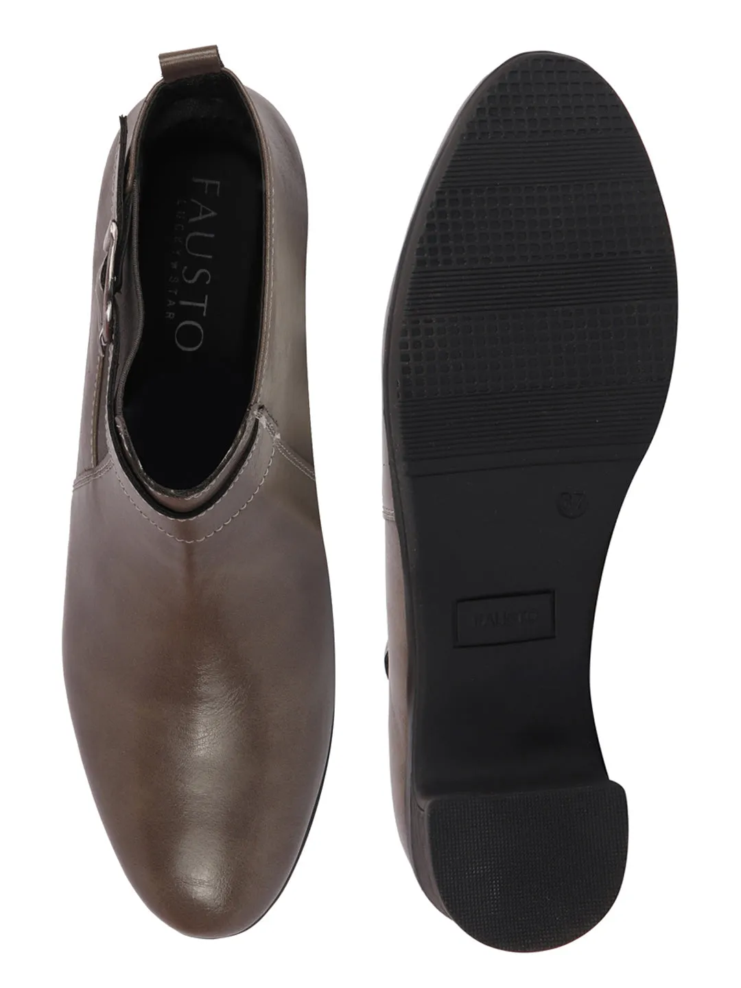 Women Grey Flared Heel Mid Ankle Classic Winter Buckle Strap Chelsea Boots 8 Inch Moc Toe Work Boots