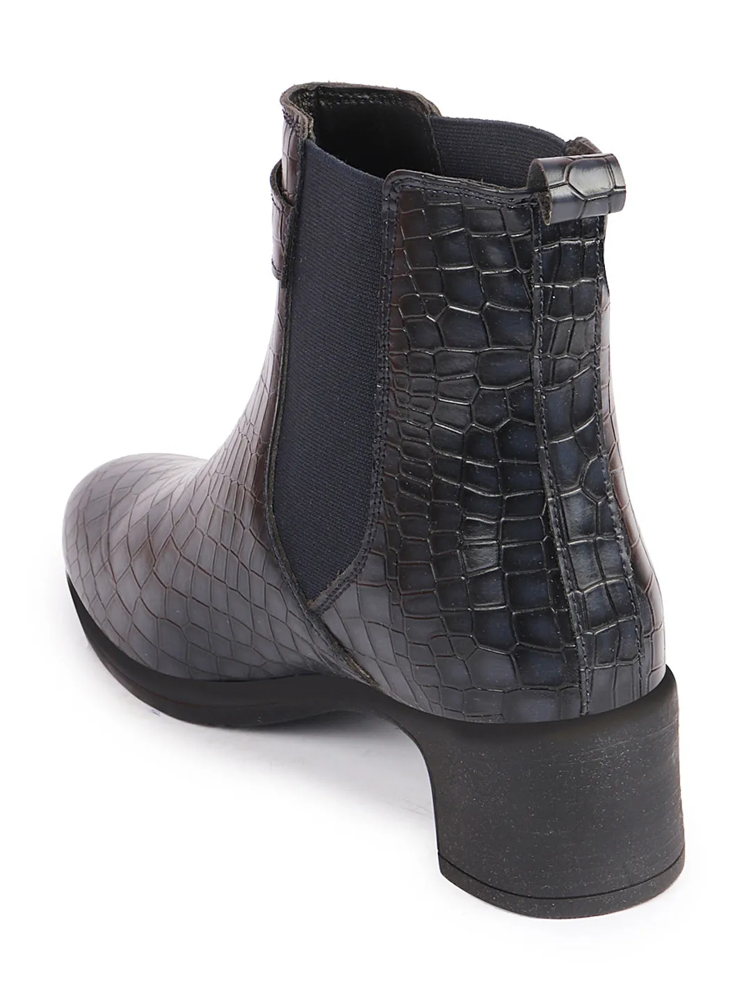 Work Safety Boots Women Navy Blue Flared Heel High Ankle Leopard Print Embossed Design Winter Buckle Strap Chelsea Boots