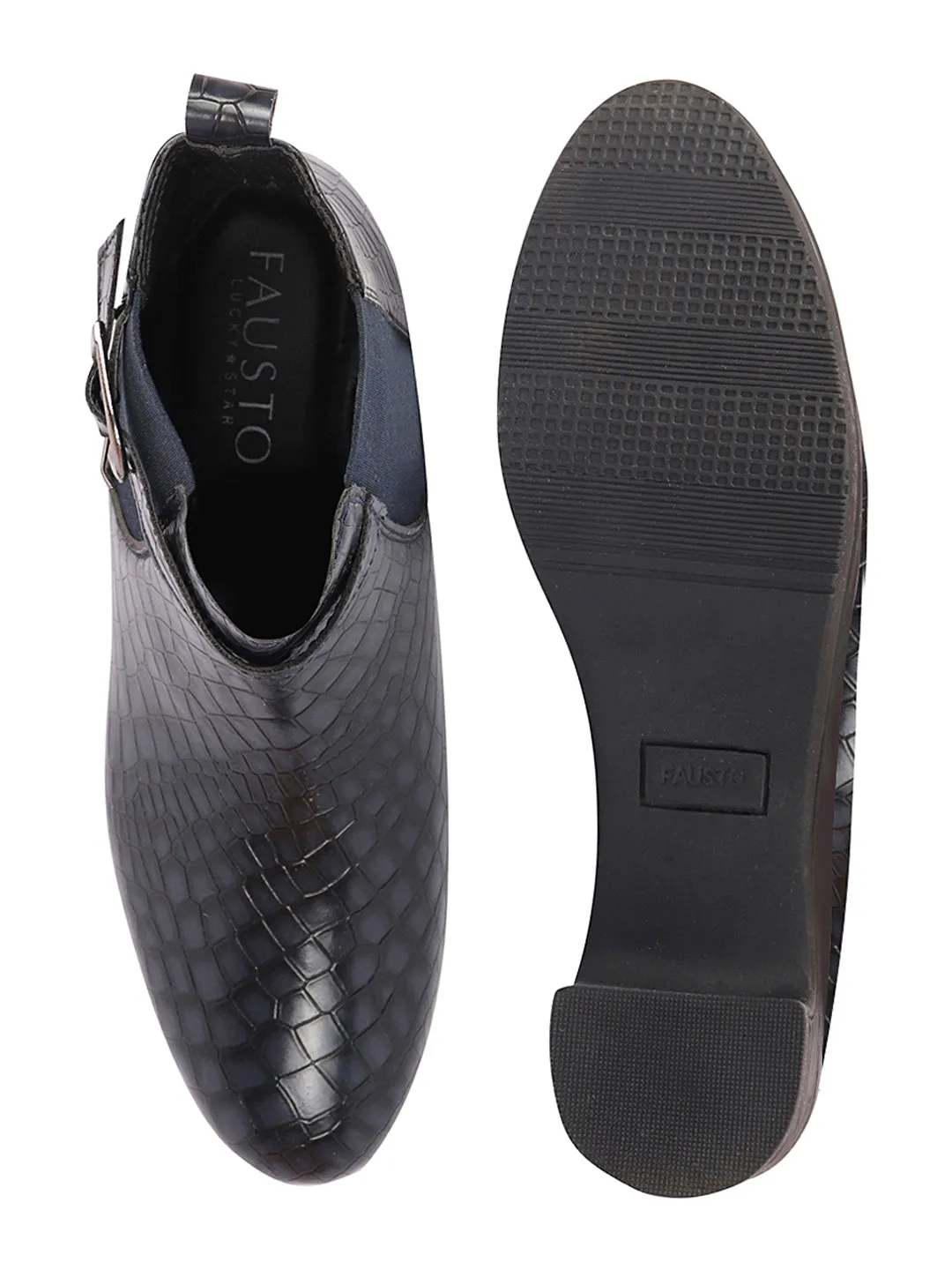 Best Work Boots For Bunions Women Navy Blue Flared Heel High Ankle Leopard Print Embossed Design Winter Buckle Strap Chelsea Boots