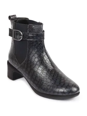 Best Steel Toe Work Boots For Flat Feet Women Navy Blue Flared Heel High Ankle Leopard Print Embossed Design Winter Buckle Strap Chelsea Boots