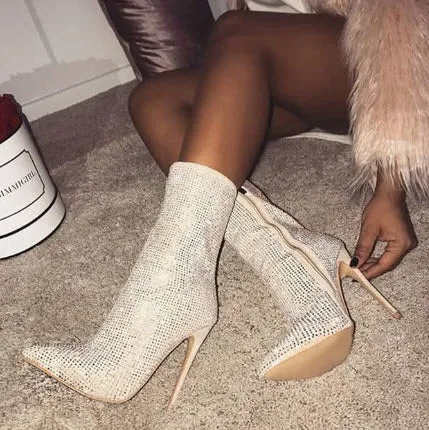 Women Rhinestone Stretch Fabric Sock Boots Sexy Bling Pointed Toe High Heel Combat Boots Fashion