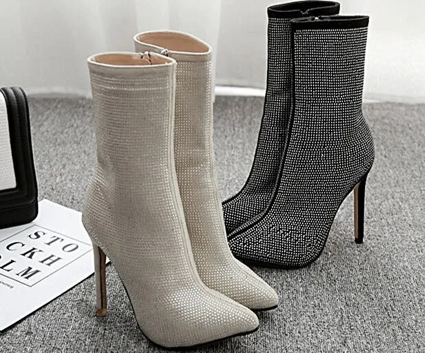 Sinclair Milled Nappa Leather Platform Boots Women Rhinestone Stretch Fabric Sock Boots Sexy Bling Pointed Toe High Heel