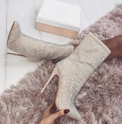 Aranea Boots Osrs Women Rhinestone Stretch Fabric Sock Boots Sexy Bling Pointed Toe High Heel