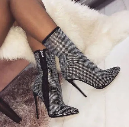 Women Rhinestone Stretch Fabric Sock Boots Sexy Bling Pointed Toe High Heel Dresses And Short Boots