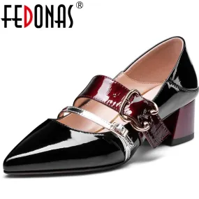 Toe Box Dress Shoes Women Square Heels Slip On Prom Pumps Point Toe Shoes Genuine Leather Classic Shoes