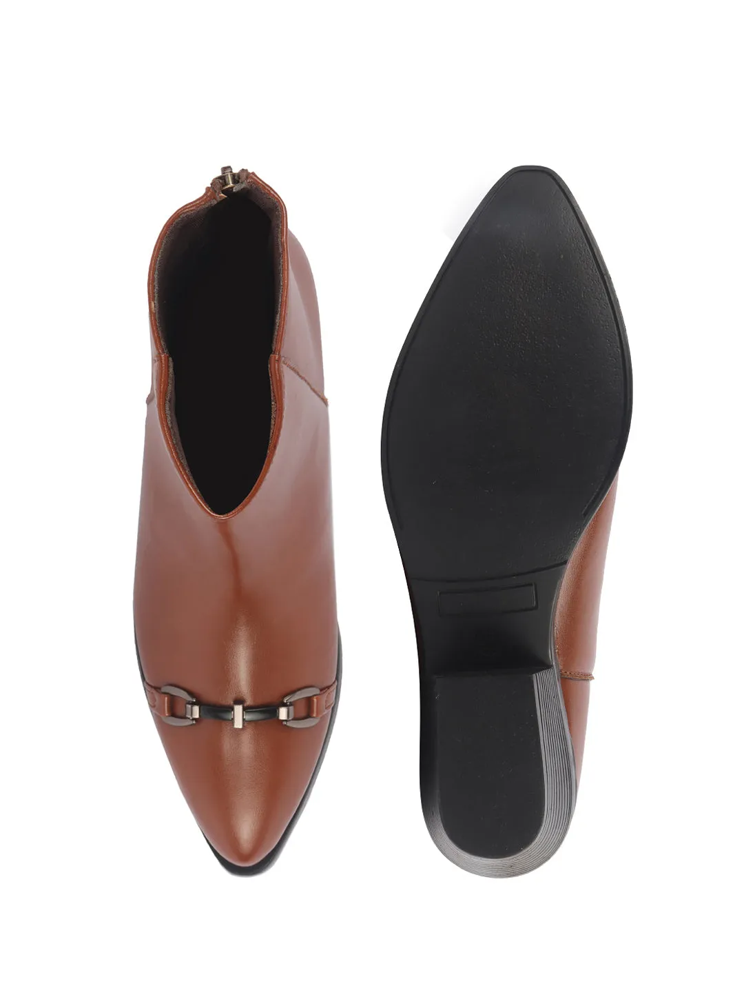 Women Tan Flared Heel High Ankle Back Side Zipper Horsebit Buckle Chelsea Work Boots|Outdoor Boots|Formal Boots Rebar Work Boots