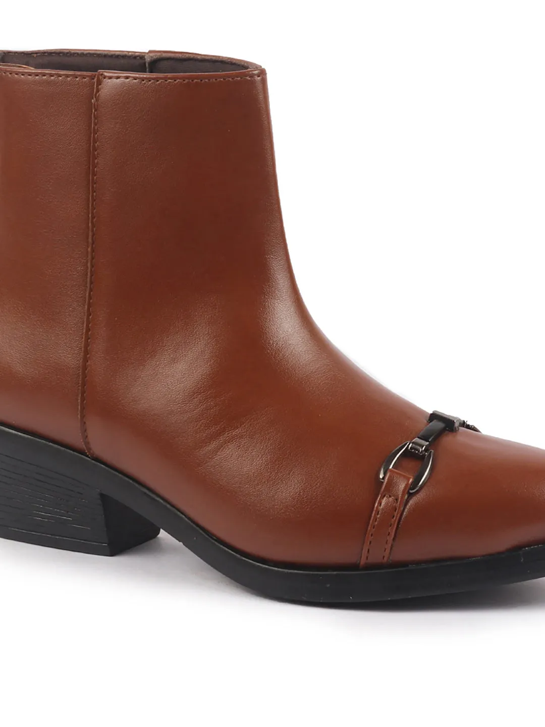 Women Tan Flared Heel High Ankle Back Side Zipper Horsebit Buckle Chelsea Work Boots|Outdoor Boots|Formal Boots Work Boots For Walking On Concrete