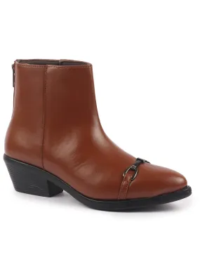 Women Tan Flared Heel High Ankle Back Side Zipper Horsebit Buckle Chelsea Work Boots|Outdoor Boots|Formal Boots Indoor Work Boots