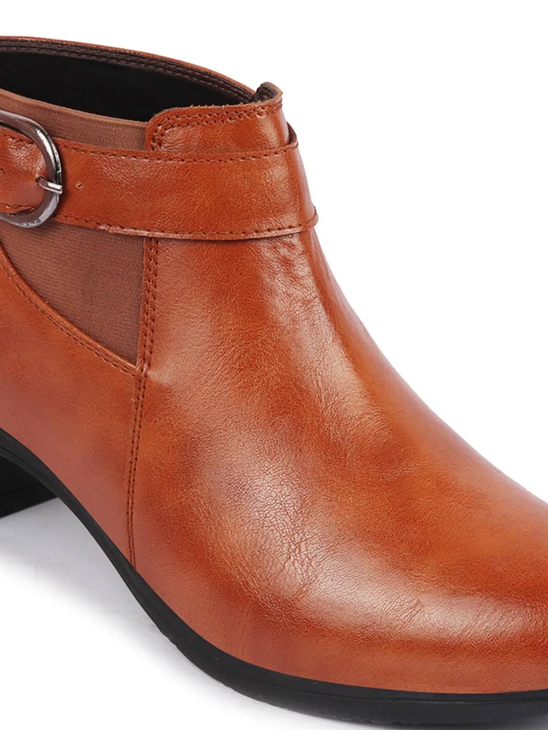 Work Boots Clearance Women Tan Flared Heel Mid Ankle Classic Winter Buckle Strap Chelsea Boots