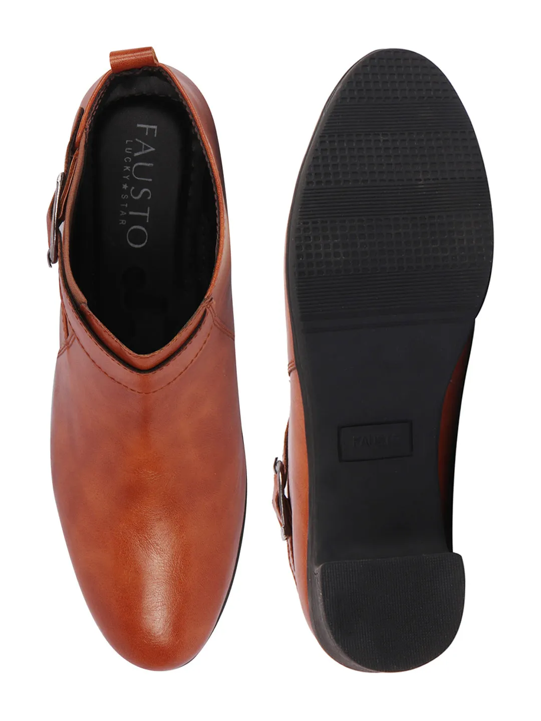 Flat Sole Steel Toe Work Boots Women Tan Flared Heel Mid Ankle Classic Winter Buckle Strap Chelsea Boots