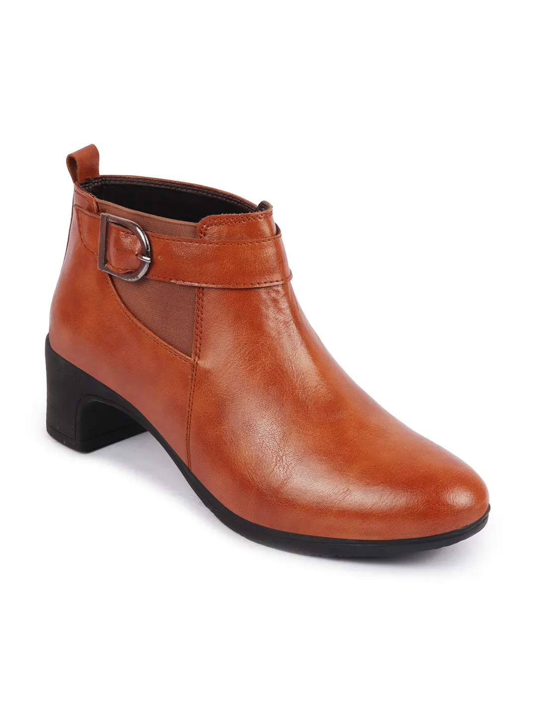 Women Tan Flared Heel Mid Ankle Classic Winter Buckle Strap Chelsea Boots Sturdy Work Boots