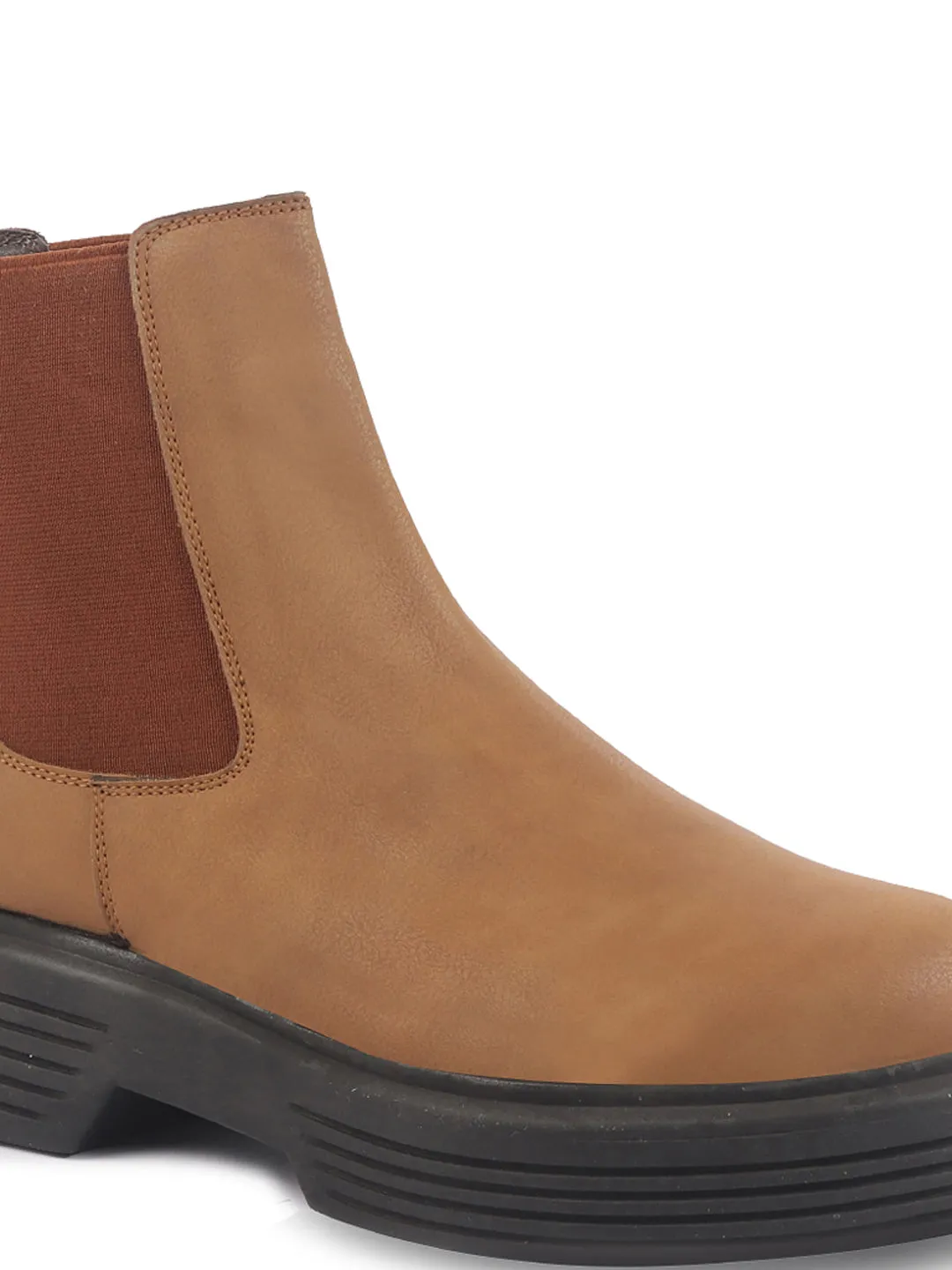 Women Tan Height Enhancer Flared Heel High Ankle Top Winter Chelsea Boots|Work Boot|Memory Cushioned Footbed Worn Work Boots