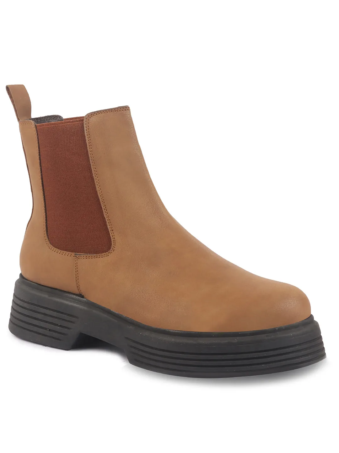 Women Tan Height Enhancer Flared Heel High Ankle Top Winter Chelsea Boots|Work Boot|Memory Cushioned Footbed Exotic Skin Work Boots