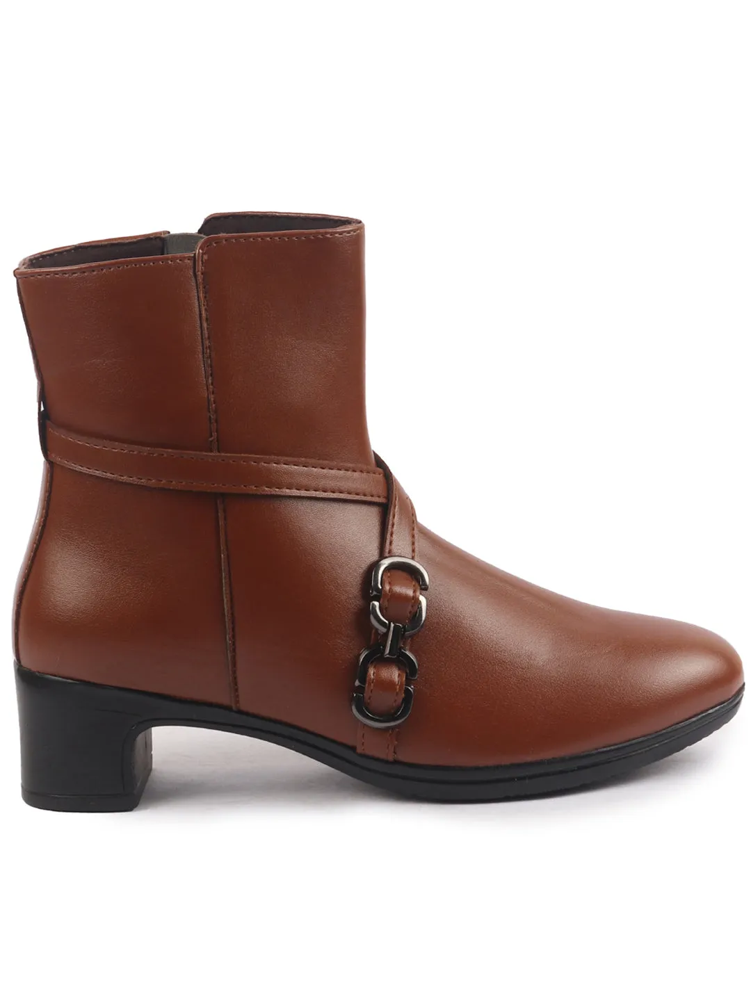 Moccasin Work Boots Women Tan High Ankle Elegant Slip On Winter Boots|Flared Heel Casual Shoes for Work|Office