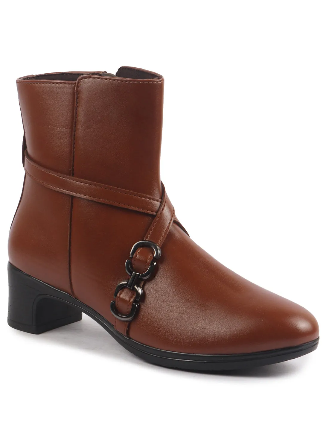 Composite Winter Work Boots Women Tan High Ankle Elegant Slip On Winter Boots|Flared Heel Casual Shoes for Work|Office