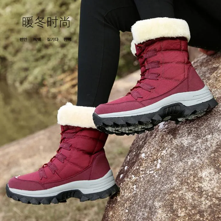 Women winter warm plush lining front lace mid calf snow boots | outdoors anti-skid hiking snow boots Stylish Winter Snow Boots