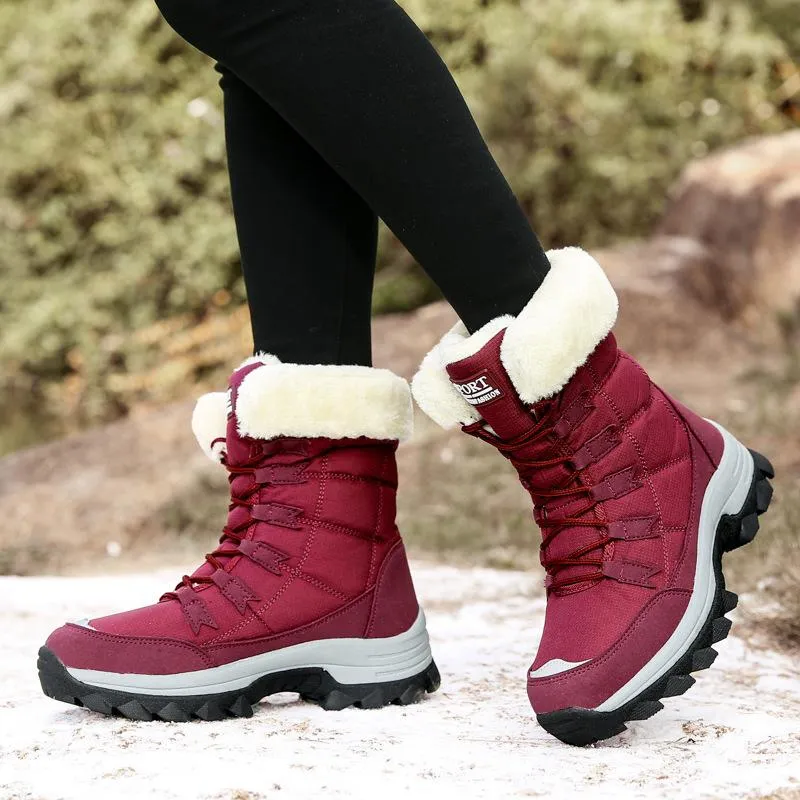 Snow Boots High Heel Women winter warm plush lining front lace mid calf snow boots | outdoors anti-skid hiking snow boots