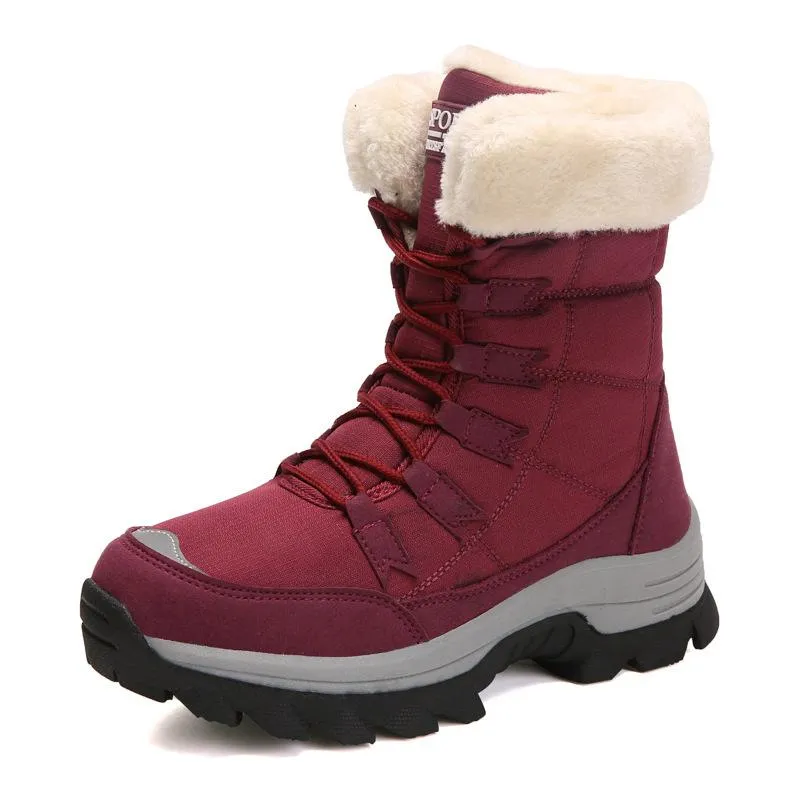 Women winter warm plush lining front lace mid calf snow boots | outdoors anti-skid hiking snow boots Snow Boots For Teenagers