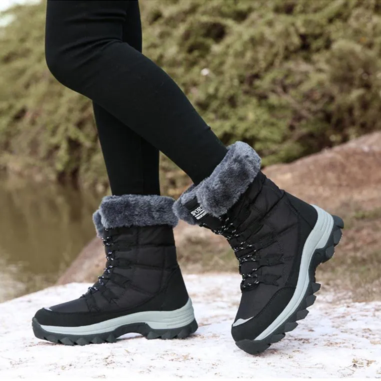 Women winter warm plush lining front lace mid calf snow boots | outdoors anti-skid hiking snow boots Snow Boots Online