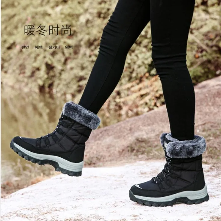 Double Wide Snow Boots Women winter warm plush lining front lace mid calf snow boots | outdoors anti-skid hiking snow boots