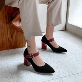 Women's Buckle High Heeled Chunky Heels Pumps High Heel Blisters