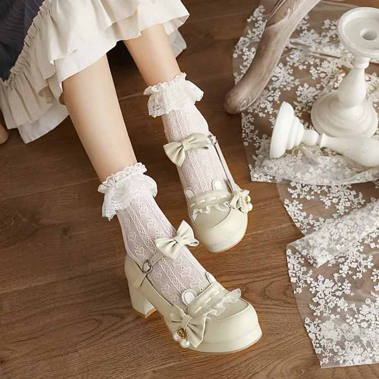 Women's Chunky Heel Pumps Mary Janes Pricess Shoes with Bowtie Shoes In Sizes