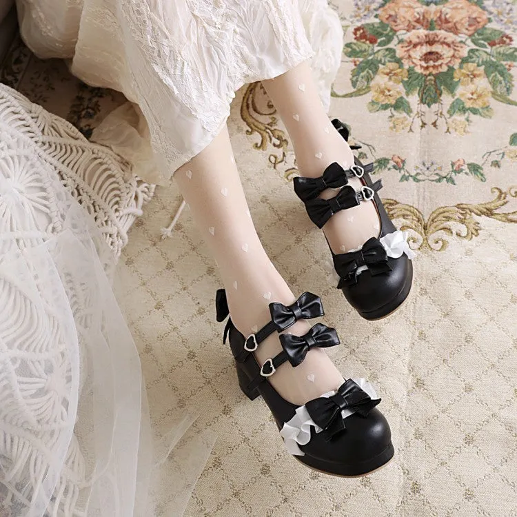 High End Heel Shoes Women's Chunky Heel Pumps Mary Janes Pricess Shoes with Bowtie