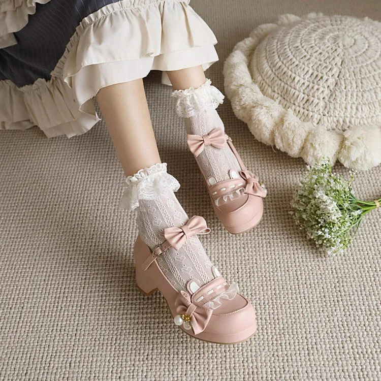 Cut Out High Heels Women's Chunky Heel Pumps Mary Janes Pricess Shoes with Bowtie