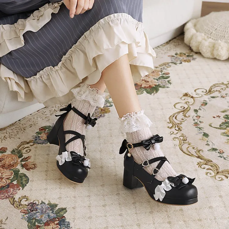 Women's Chunky Heel Pumps Mary Janes Shoes with Bowtie Wide Heels