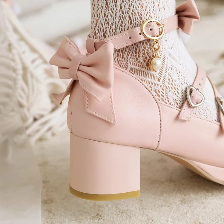 Plaid High Heels Women's Chunky Heel Pumps Mary Janes Shoes with Bowtie