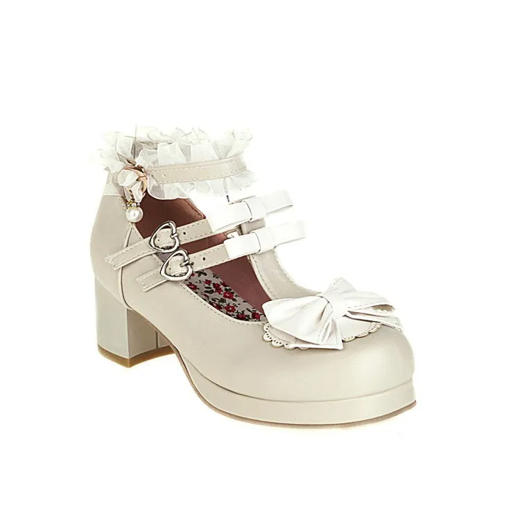 Women's Chunky Heel Pumps T Straps Shoes with Bowtie Missionary Heels