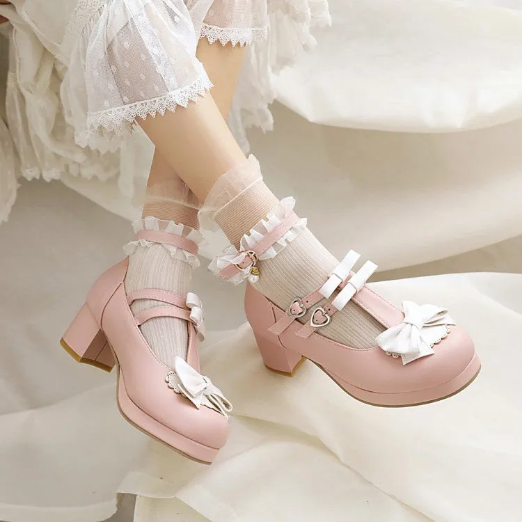 Women's Chunky Heel Pumps T Straps Shoes with Bowtie 15cm High Heels Shoes