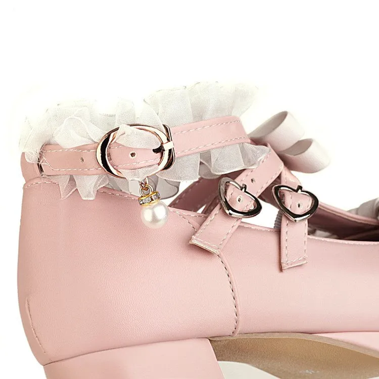 High Heel Shoes Front Women's Chunky Heel Pumps T Straps Shoes with Bowtie