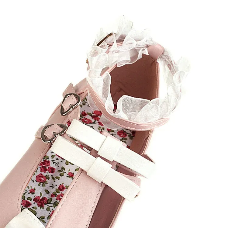 High Heel Shoe Rack Women's Chunky Heel Pumps T Straps Shoes with Bowtie