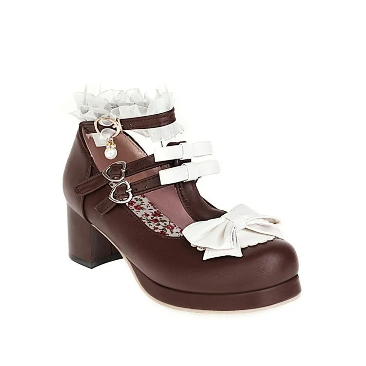 Teacher High Heels Women's Chunky Heel Pumps T Straps Shoes with Bowtie