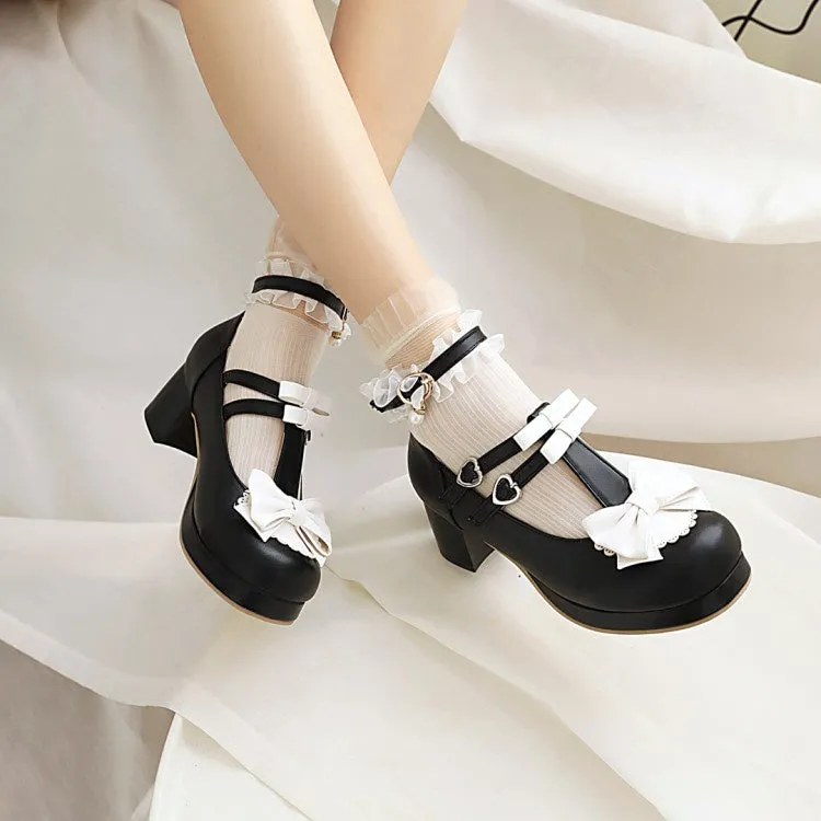 Women's Chunky Heel Pumps T Straps Shoes with Bowtie High Heels With Bottoms