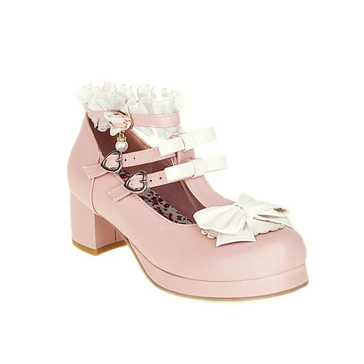 Women's Chunky Heel Pumps T Straps Shoes with Bowtie High Heels Bdsm