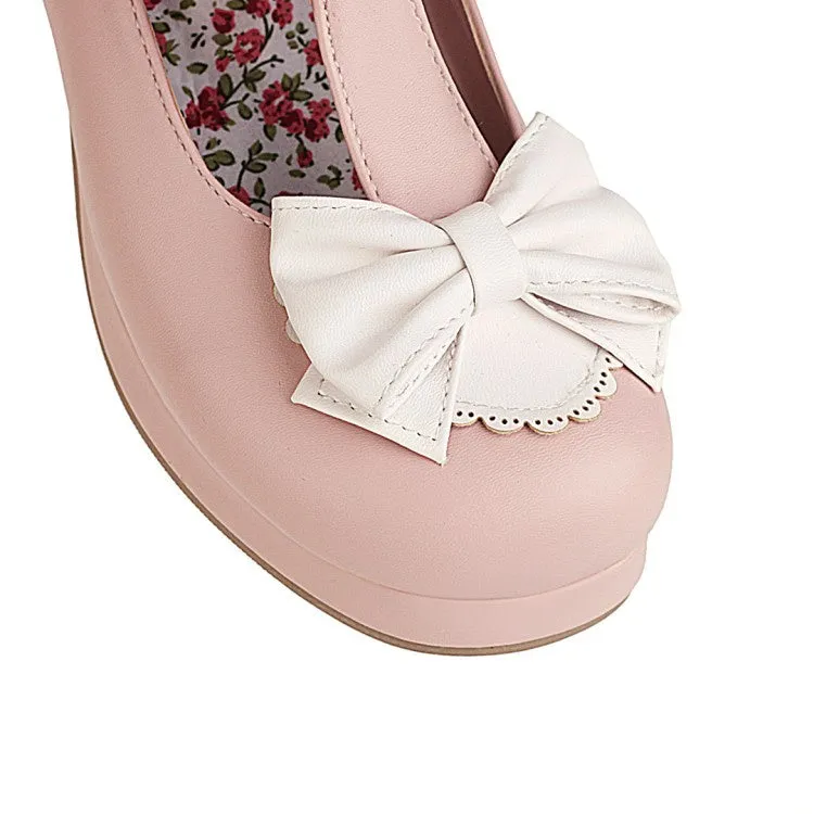 Women's Chunky Heel Pumps T Straps Shoes with Bowtie High Heels And Stockings