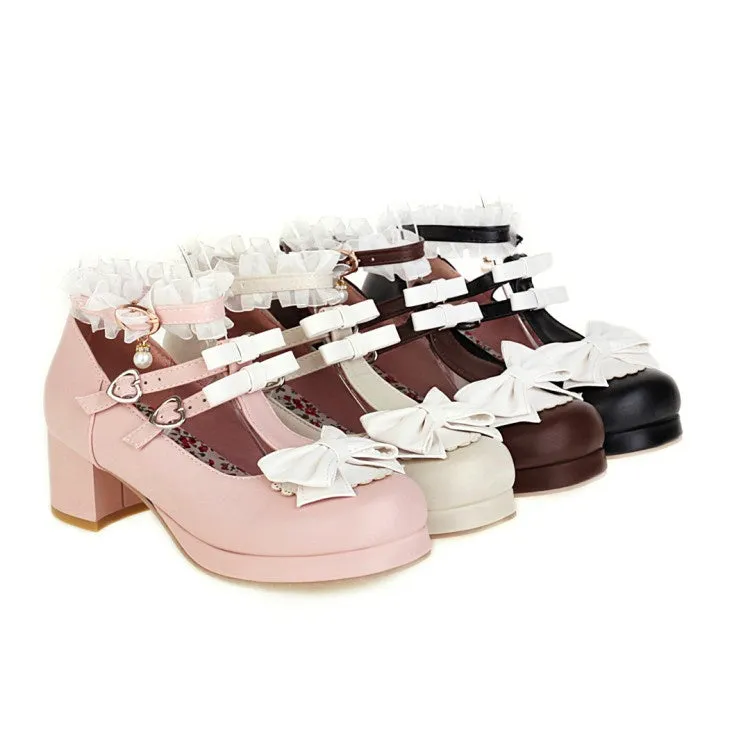 High Heel Shoes Without Heel Women's Chunky Heel Pumps T Straps Shoes with Bowtie