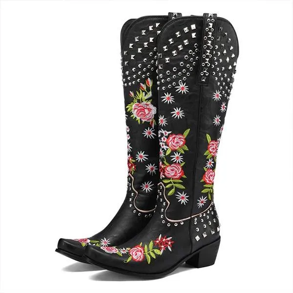 Adidas Lightweight Padel Shoes Women's Embroidered Studded High-Calf Mid-Heel Cowboy Boots 61919210C