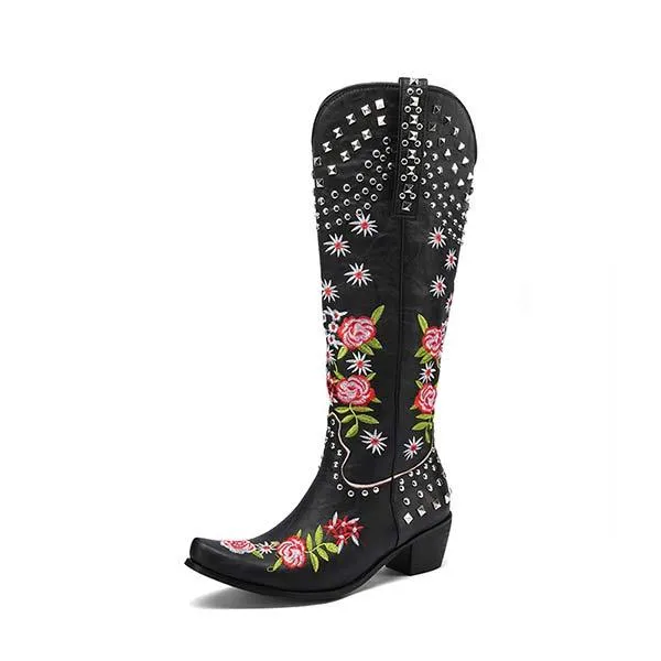 Cool Looking Adidas Shoes Women's Embroidered Studded High-Calf Mid-Heel Cowboy Boots 61919210C