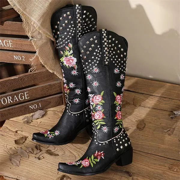 Women's Embroidered Studded High-Calf Mid-Heel Cowboy Boots 61919210C Adidas Custom Shoes Online
