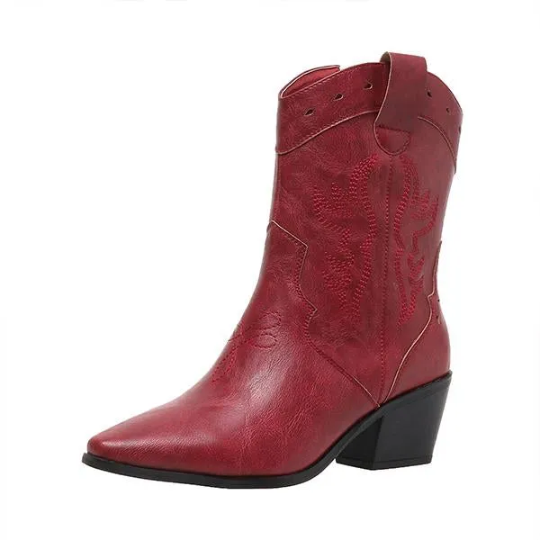 Women's Fashionable Embroidered Carved Block Heel Low Boots 70725632S Nba Player Adidas Shoes