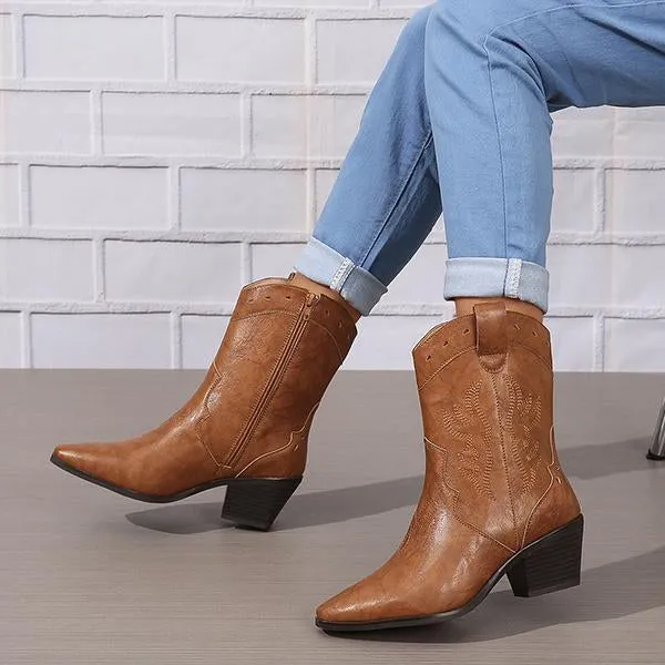 Women's Fashionable Embroidered Carved Block Heel Low Boots 70725632S Adidas Nmdr1 Shoes