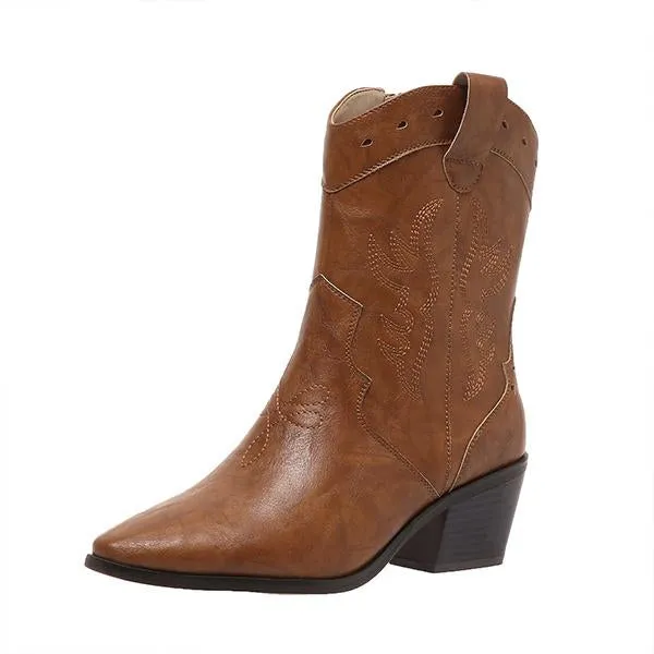 Women's Fashionable Embroidered Carved Block Heel Low Boots 70725632S Adidas Dropset Control Training Shoes