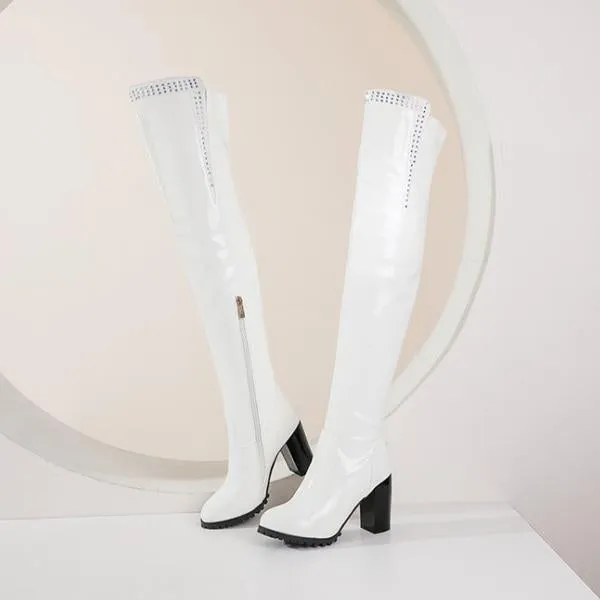 Women's Fashionable Rhinestone Block Heel Over-the-Knee Boots 07474705S Japanese Shoes Adidas